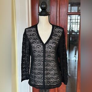 Begonia | Beautiful Vintage Hand Crocheted Black "Lace" Cotton Cardigan, Size M